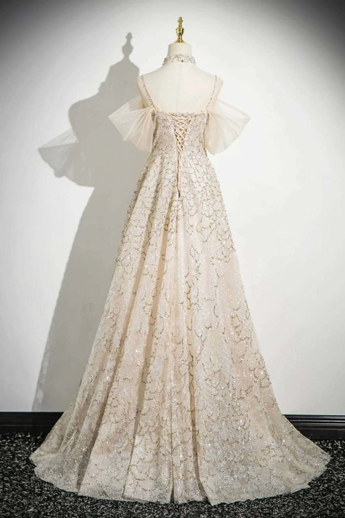 Champagne Tulle Sequins Long Prom Dress, Shiny A-Line Formal Party Dress