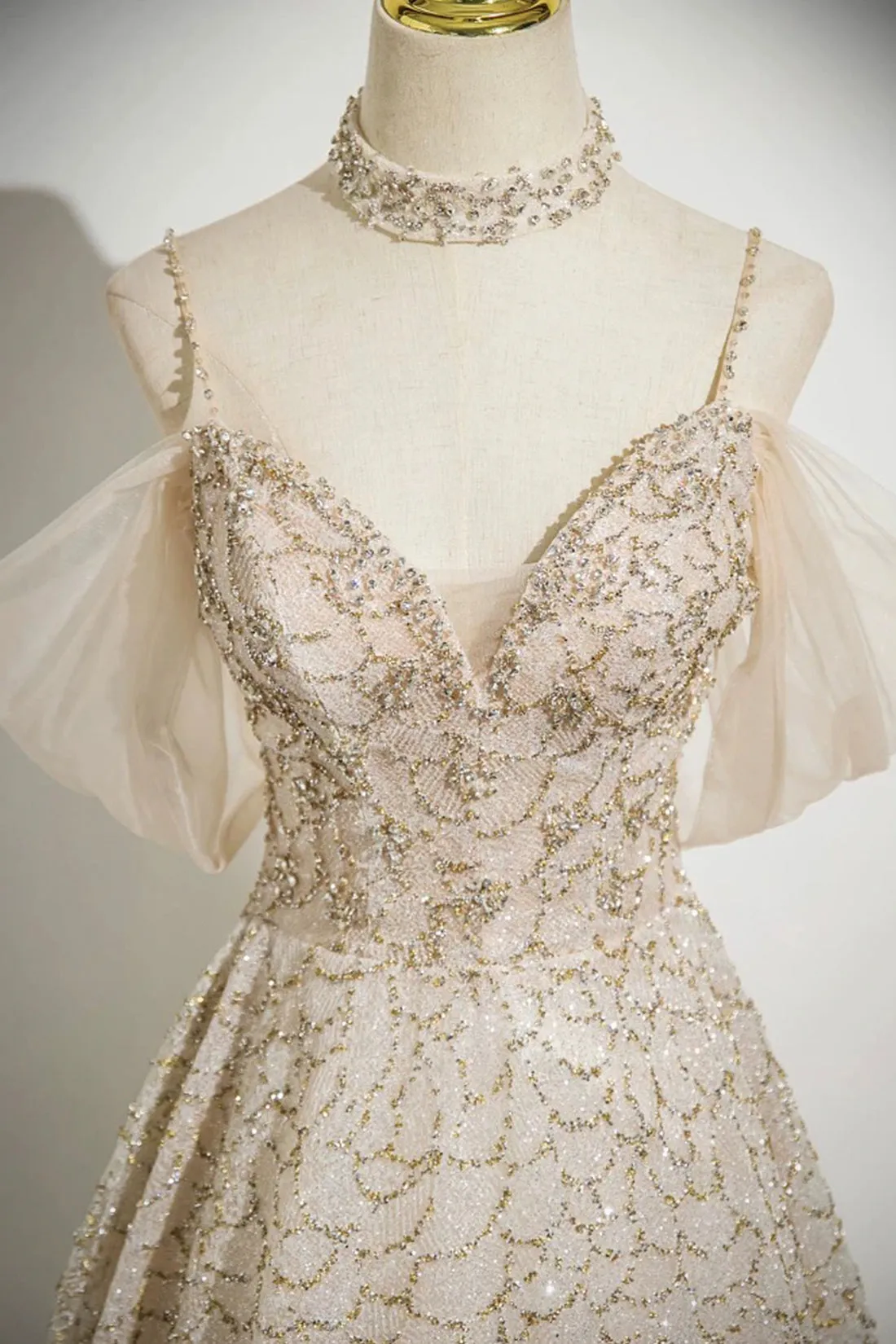 Champagne Tulle Sequins Long Prom Dress, Shiny A-Line Formal Party Dress