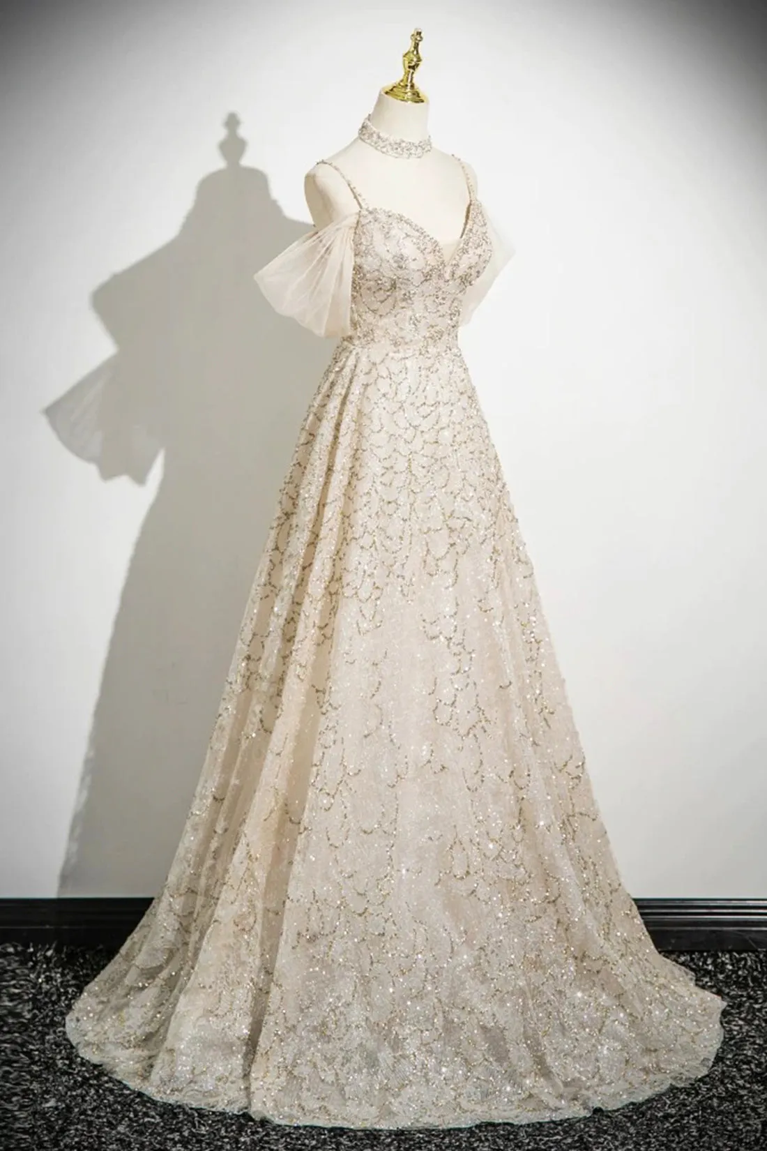 Champagne Tulle Sequins Long Prom Dress, Shiny A-Line Formal Party Dress
