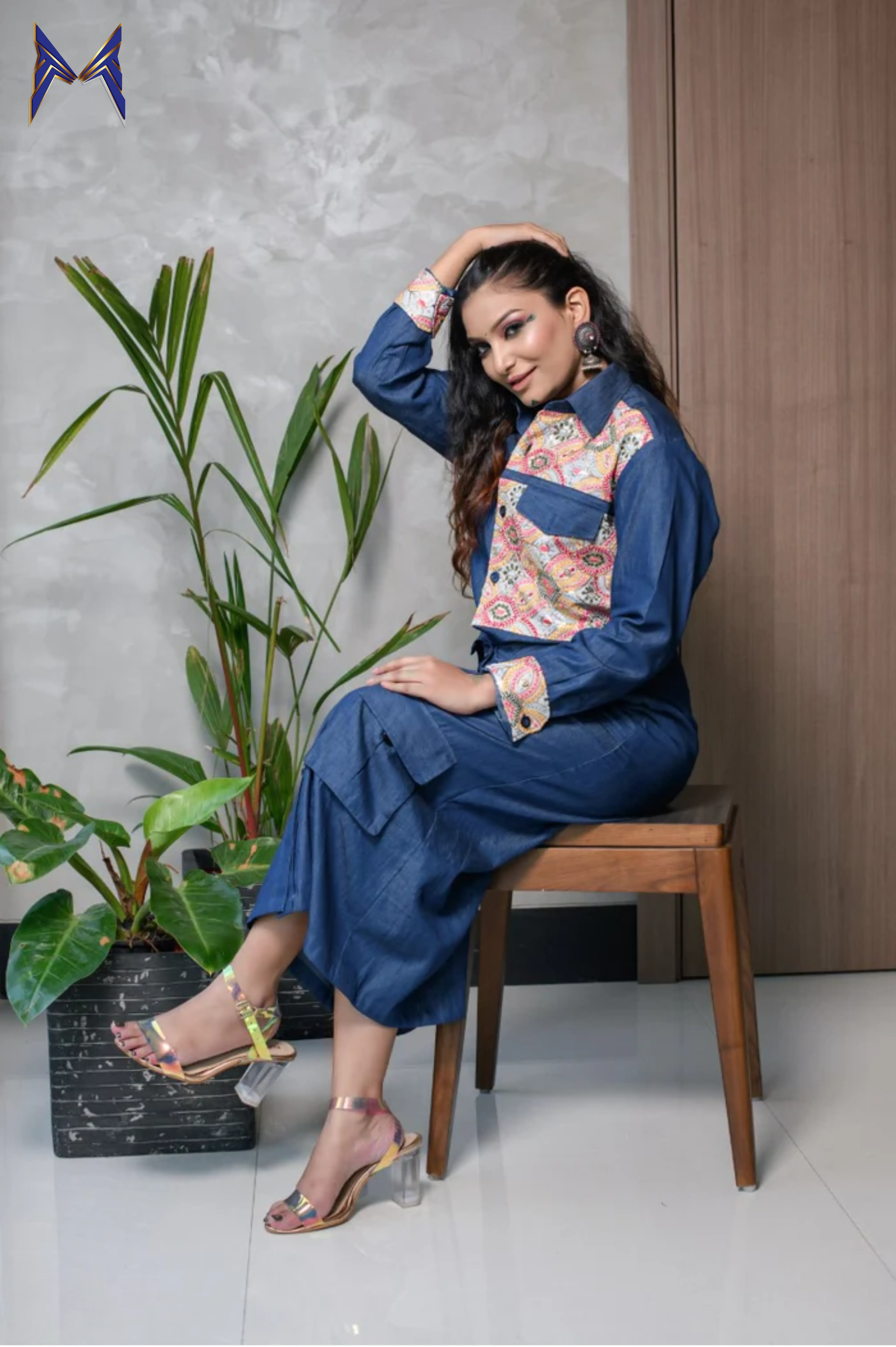 Denim Embroidered Shirt With Denim Skirt