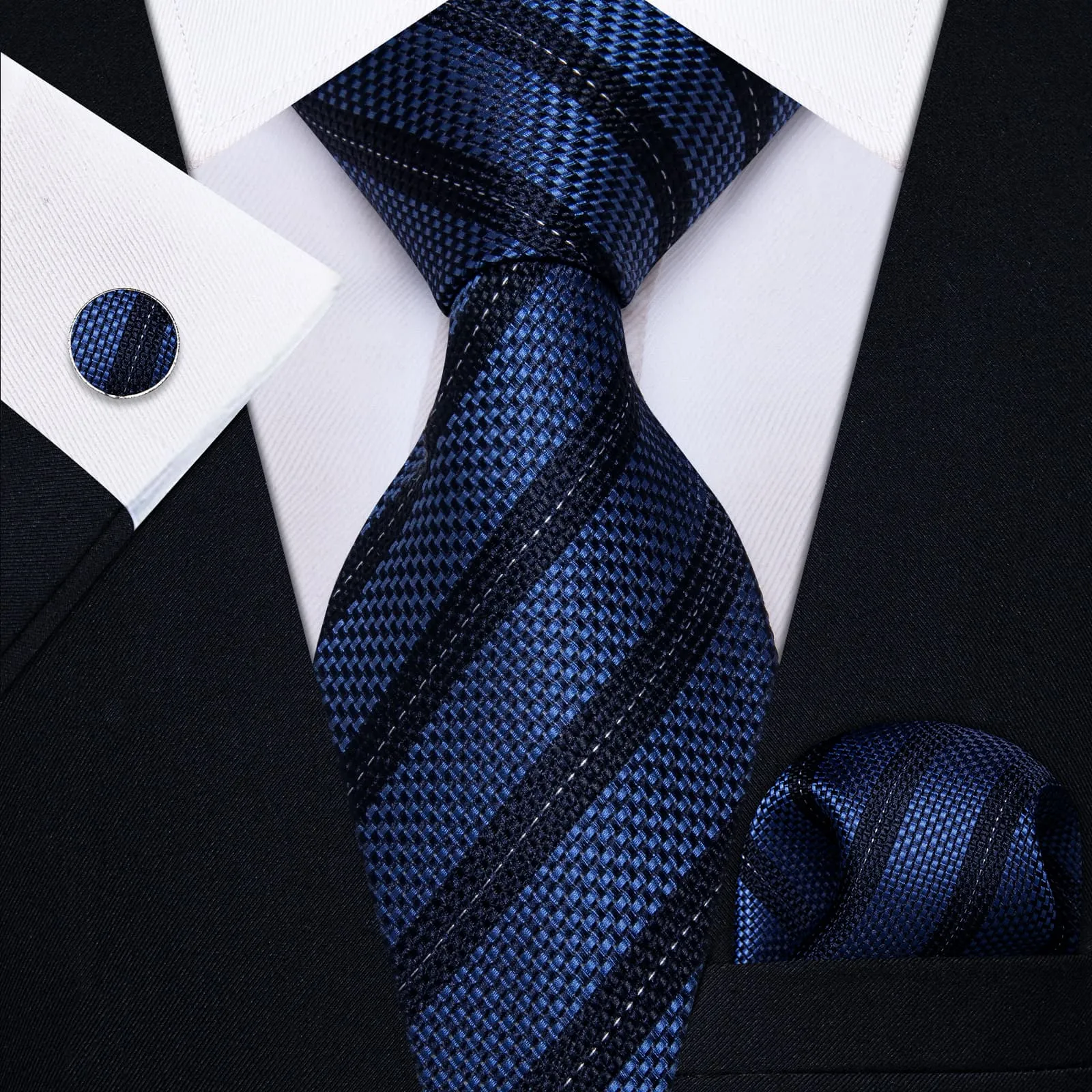 YourTies Black Solid Long Sleeve Shirt with Navy Blue Striped Silk Tie for Men